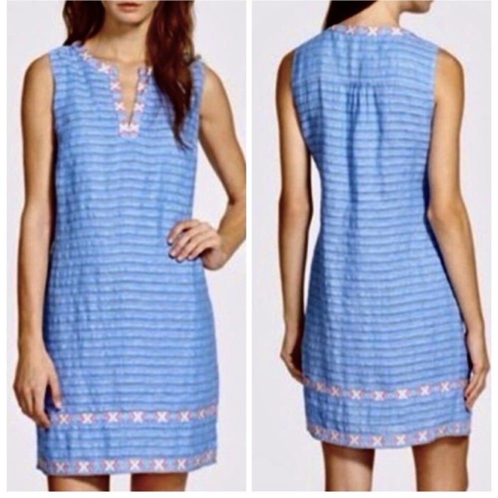 💙💕Vineyard Vines Blue Aztec Accent Embroidered Linen Sleeveless Dress Size 6💙